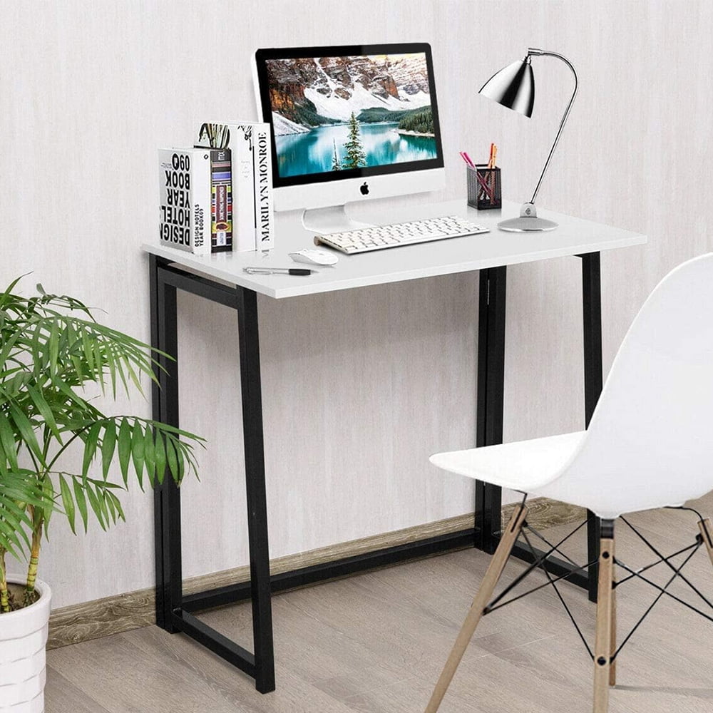 Folding Office Desk, Computer Desk Writing Table with Wood Table Top, Workstation with Metal Frame, Home, Office, Bedroom, White