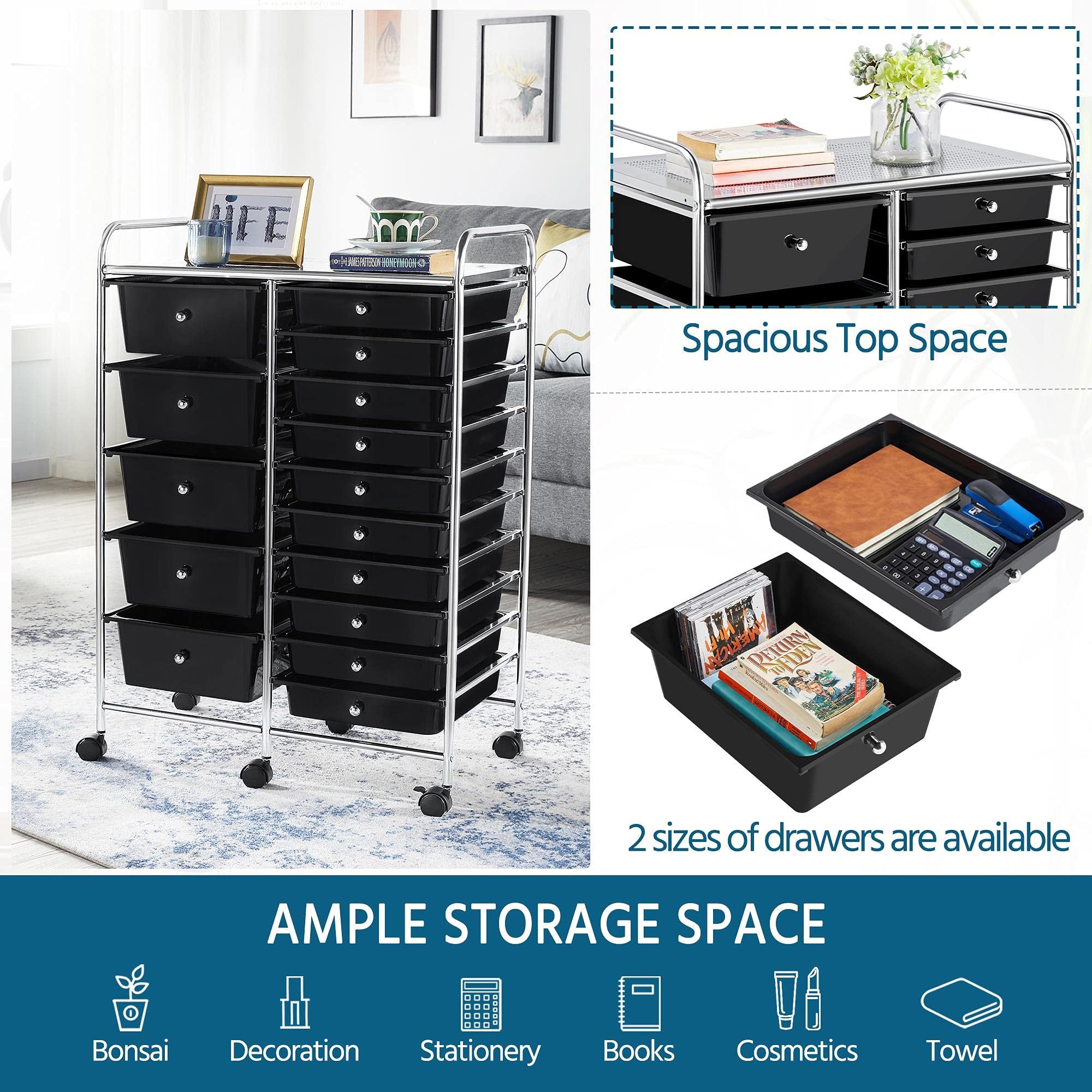 15 Drawers Rolling Storage Cart Multipurpose Mobile Rolling Utility Storage Organizer Cart Tools Scrapbook Paper Organizer on Wheels, Black