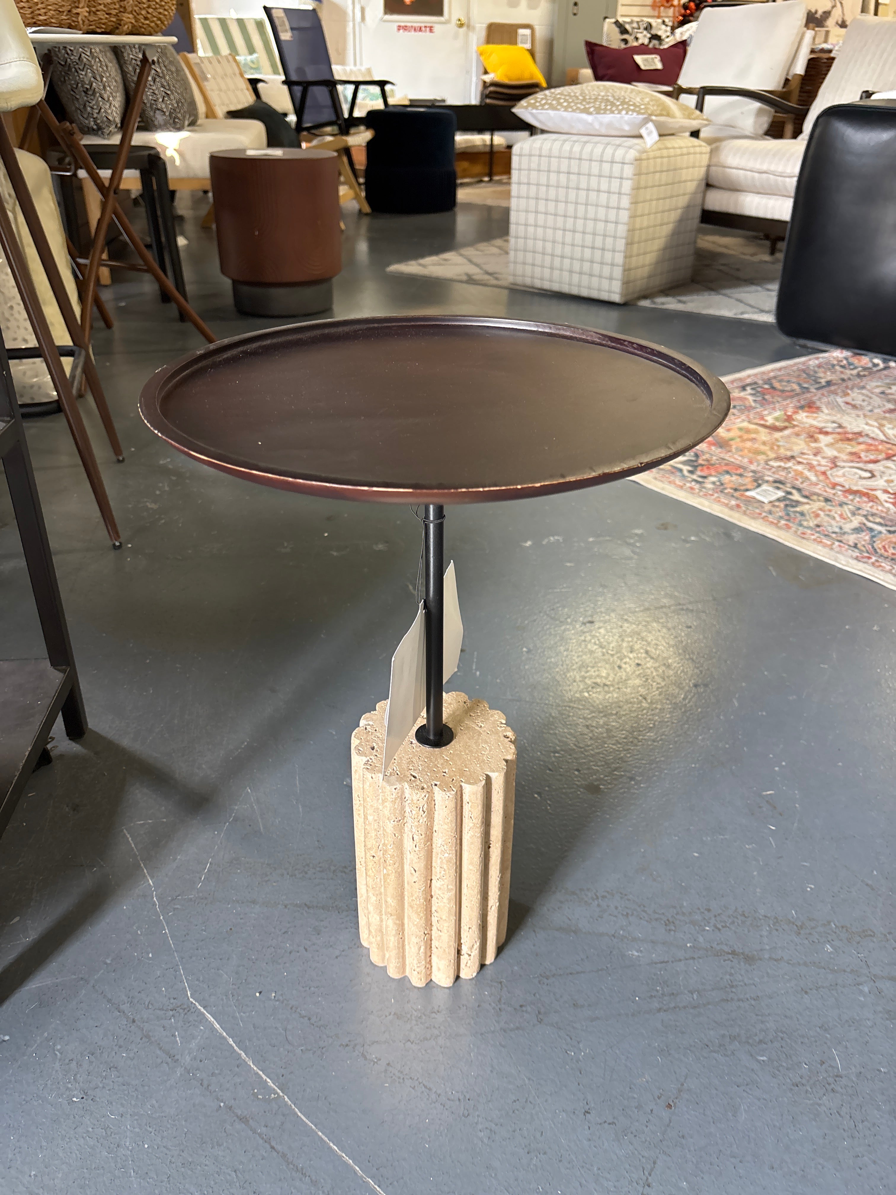 Travertine Accent Table with Brown Top SHOWROOM ITEM