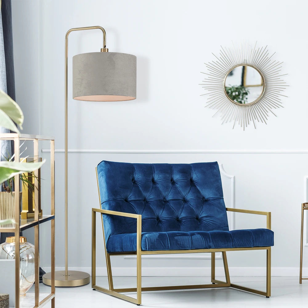 Barden Floor Lamp with Linen Shade - Brass Lamp w/Light Gray Velvet Shade