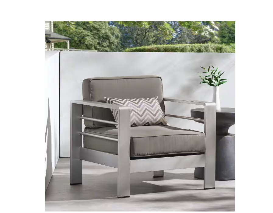 Salome Silver Metal Indoor/Outdoor Patio Club Chair with Khaki Cushion