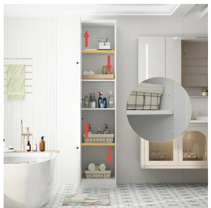 White Wood Freestanding Bathroom Linen Cabinet with Tempered Glass Door, Shelves