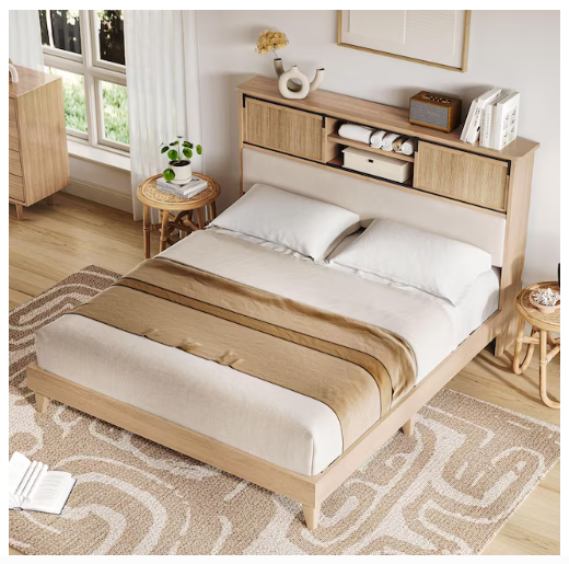 Rattan Bed Frame King with Shelves Boho Headboard Sliding Door 2-BOXES