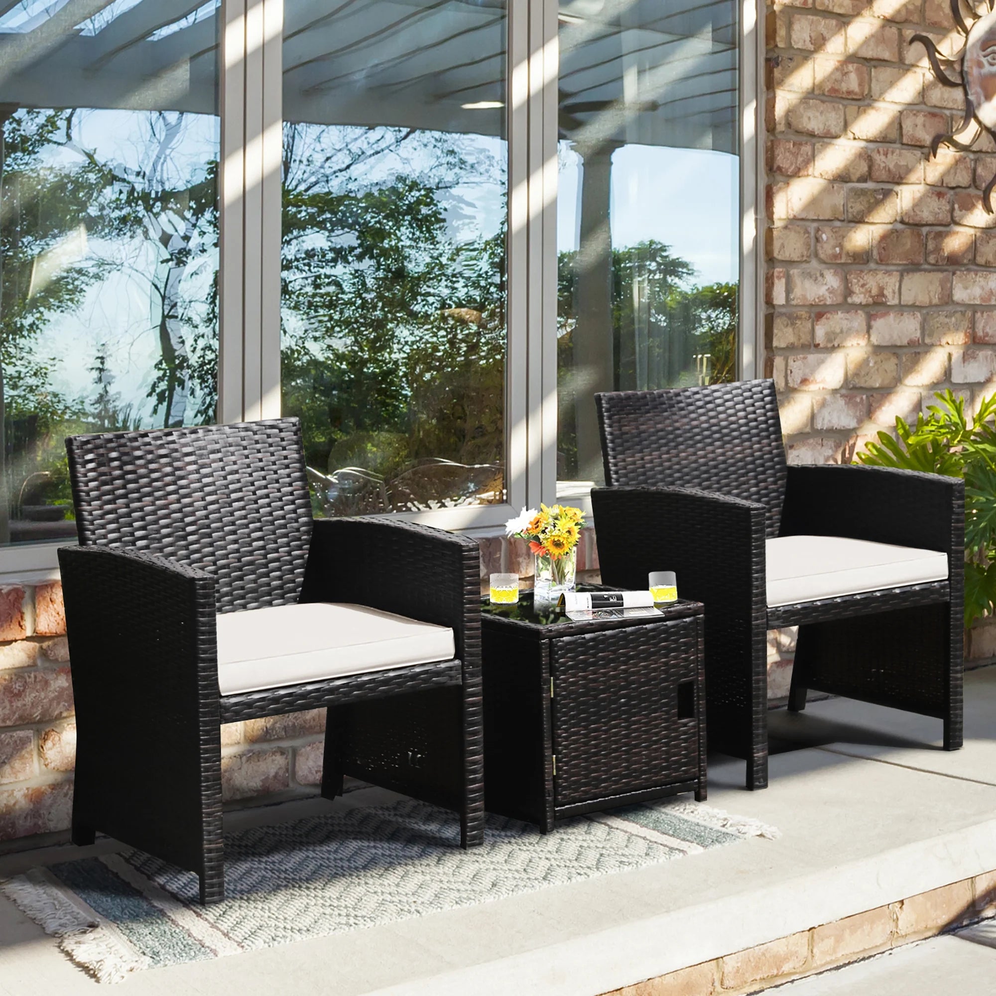 3-Piece Patio Wicker Furniture Set Storage Table with Protect Cover Cushioned in Off White