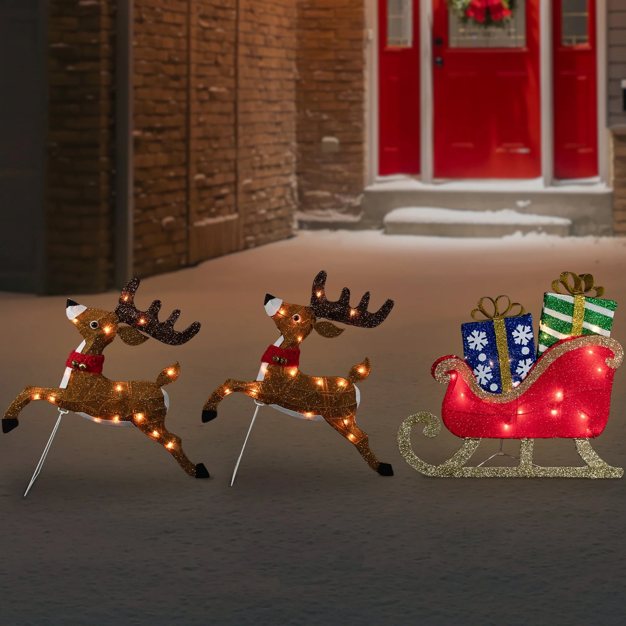 Set of 3 Lighted Reindeer and Sleigh Outdoor Christmas Decoration