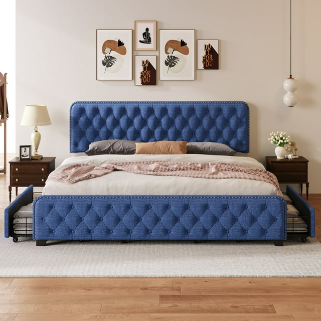Blue Metal Frame King Size Button Tufted Nailhead Upholstered Platform Bed with 4 Large Drawers