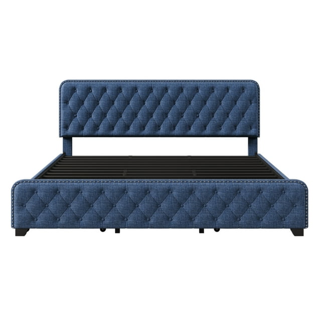 Blue Metal Frame King Size Button Tufted Nailhead Upholstered Platform Bed with 4 Large Drawers
