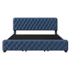 Blue Metal Frame King Size Button Tufted Nailhead Upholstered Platform Bed with 4 Large Drawers