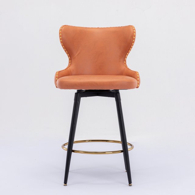 180° Swivel Bar Stools Set of 2, Modern Leathaire Fabric Bar Chairs with Wingback and Footrest, Counter Stool with Nailhead Trim and Metal Base, for Kitchen Island Restaurant Pub Counter, Orange