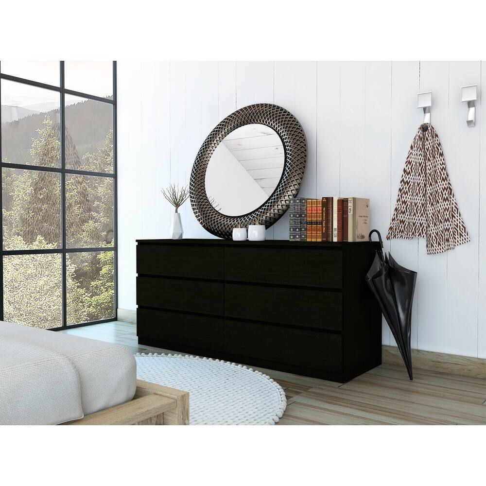 6 Drawer Double Dresser, Metal Handles -Black