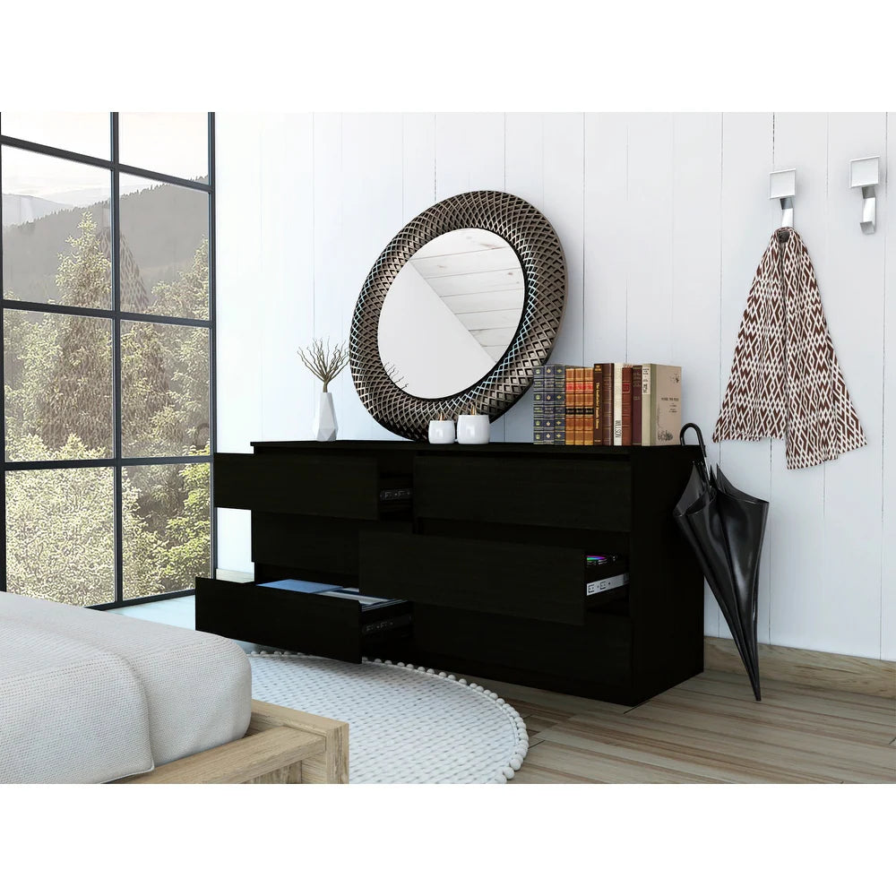 6 Drawer Double Dresser, Metal Handles -Black