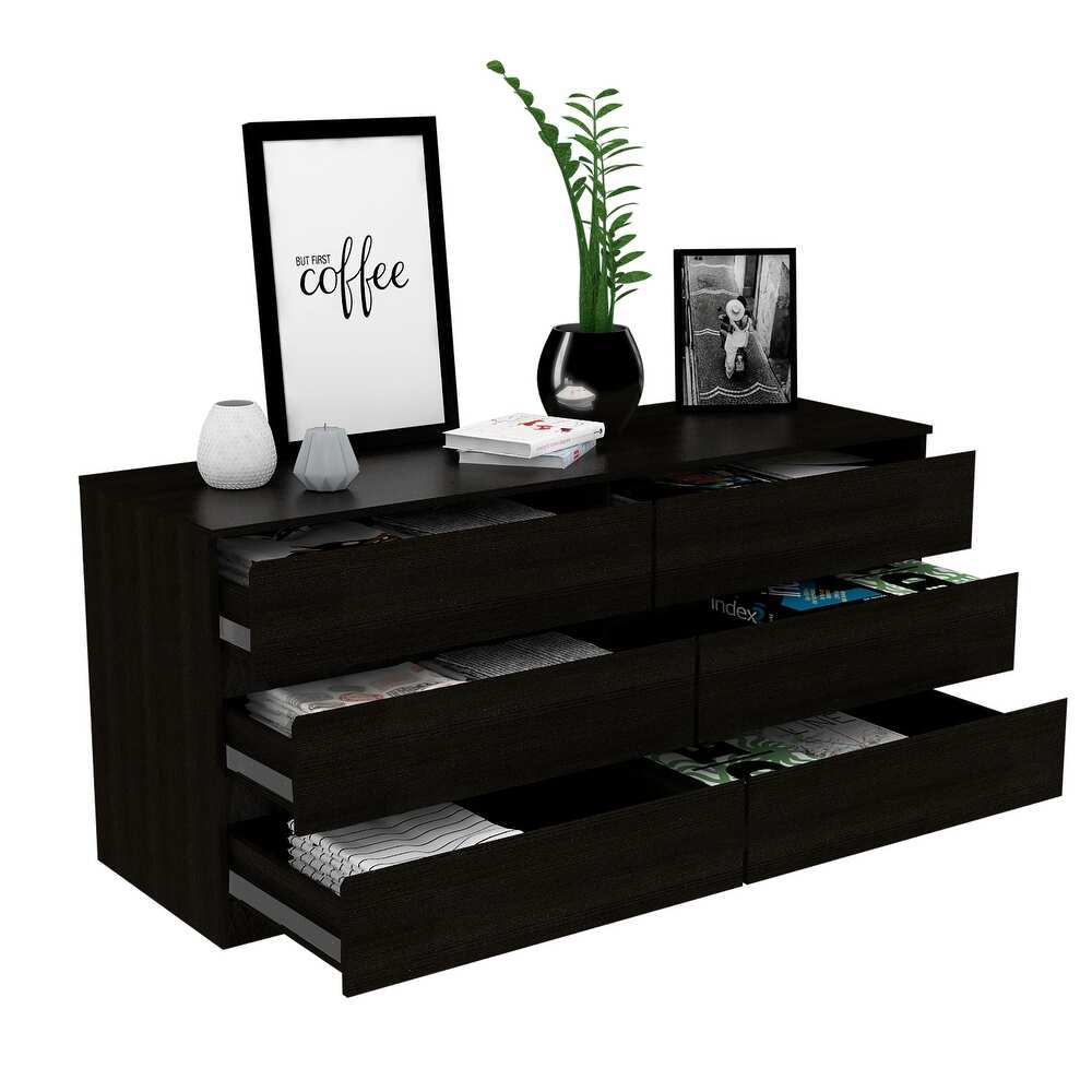 6 Drawer Double Dresser, Metal Handles -Black