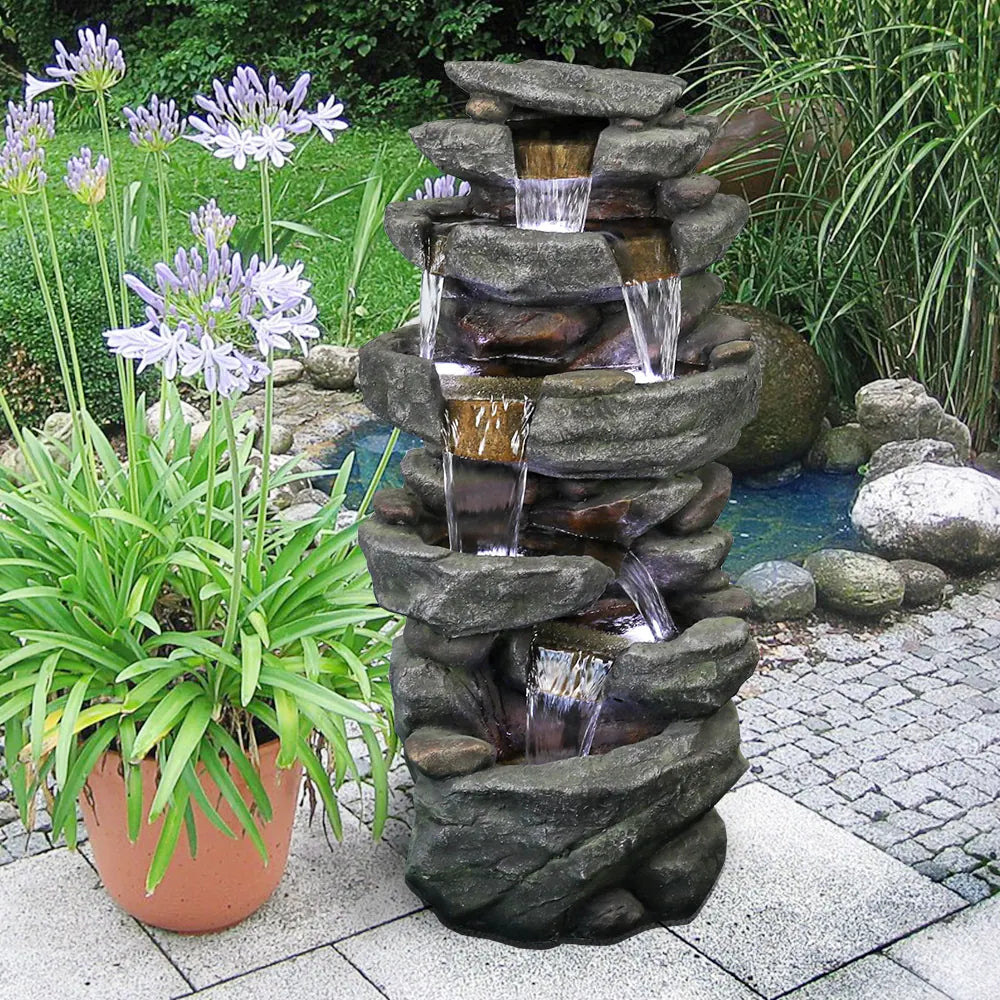 6-tier Outdoor Water Fountain w/LED Light Waterfall Fountain for Patio