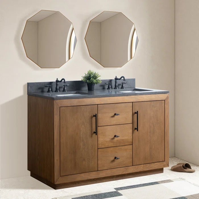 60" Double Bathroom Vanity Set with Top - Tan & Black Limestone SHOWROOM ITEM