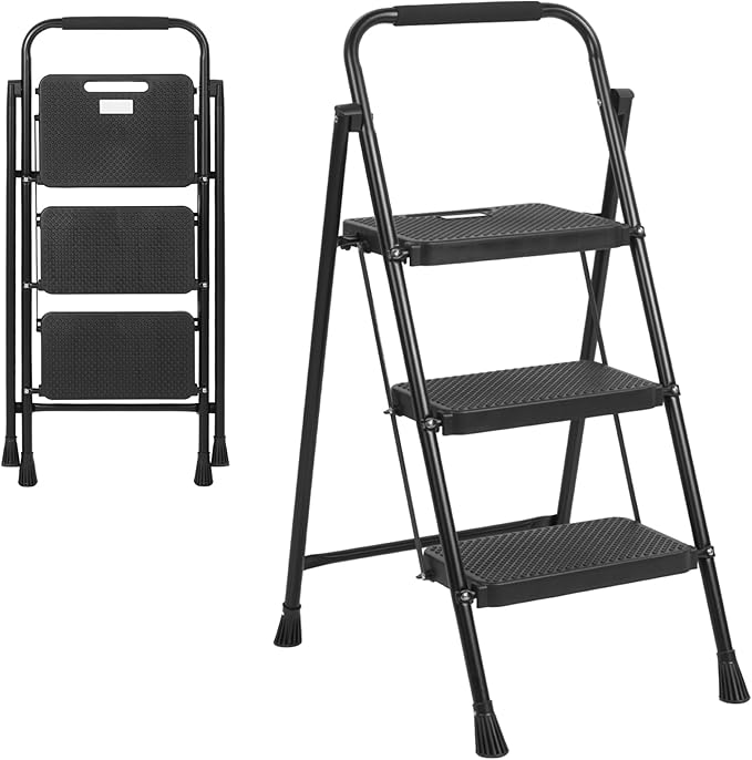 Ladder Portable & Lightweight Step Ladder w/Safety Handrails & Wide Anti-Slip Pedals, Metal Folding 3 Step Stool Heavy Duty, Black