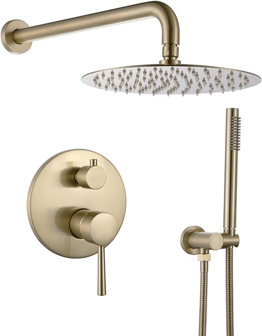 Brushed Gold Shower Faucet Set, Wall Mount Round Gold Rain Shower System Mixer Set, Rain Shower Head with Handheld Spray, Solid Brass, Rough-in Valve Included