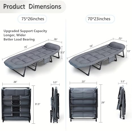 1pc Deluxe Sleeping Cot Bed, 6 Adjustable Positions, Portable & Foldable Folding Cots for Sleeping with Pillow, Heavy Duty Sturdy Frame, for Camp, Travel, Beach, Patio