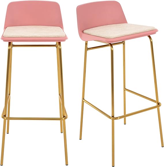 Bar Stools PP Seat Retro PU Leather Cushion Barstools with Low Back, Armless Bar Height Chairs for Kitchen Dining Cafe with Gold Legs, Cream and Pink (Set of 2)