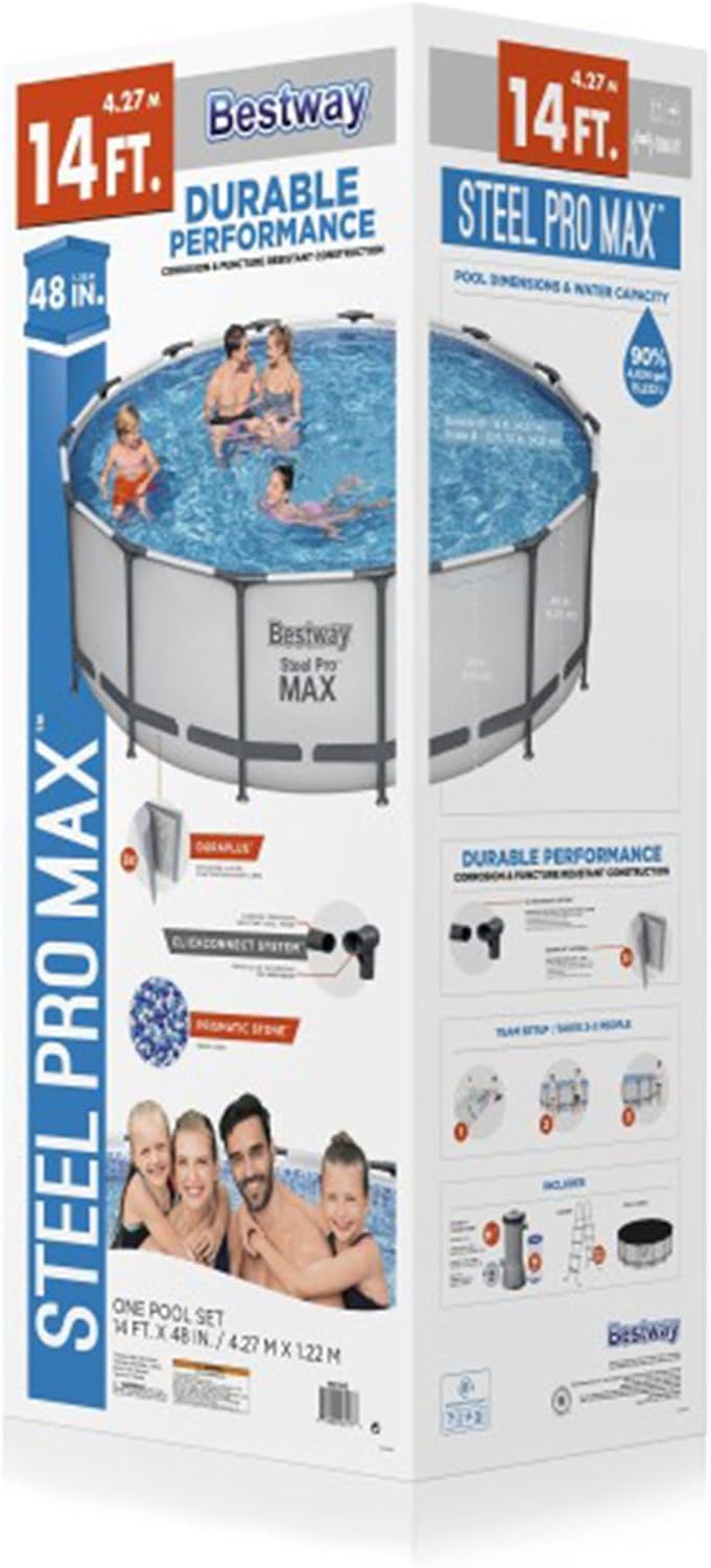 Steel Pro MAX Round Metal Frame above Ground Outdoor Swimming Pool Set with 1,000 Filter Pump, Ladder, and Cover, Gray