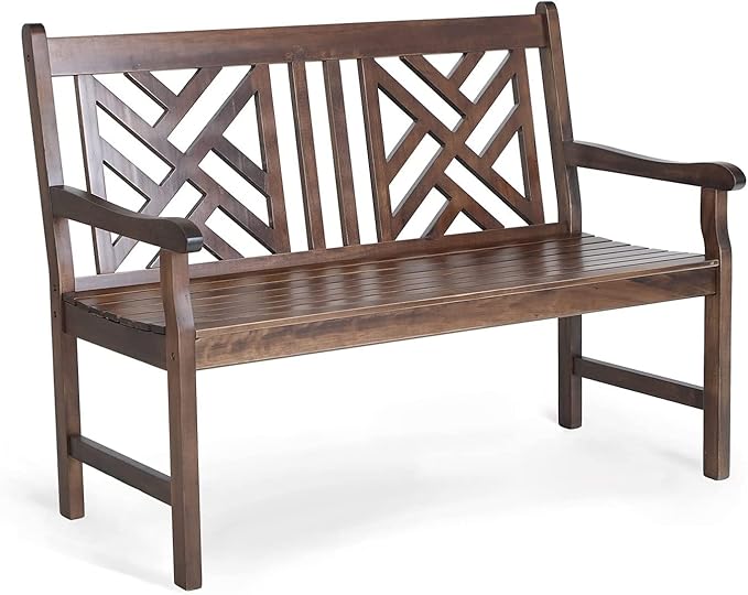 Outdoor Acacia Wood Garden Bench with Backrest and Armrest, 2-Person Slatted Seat