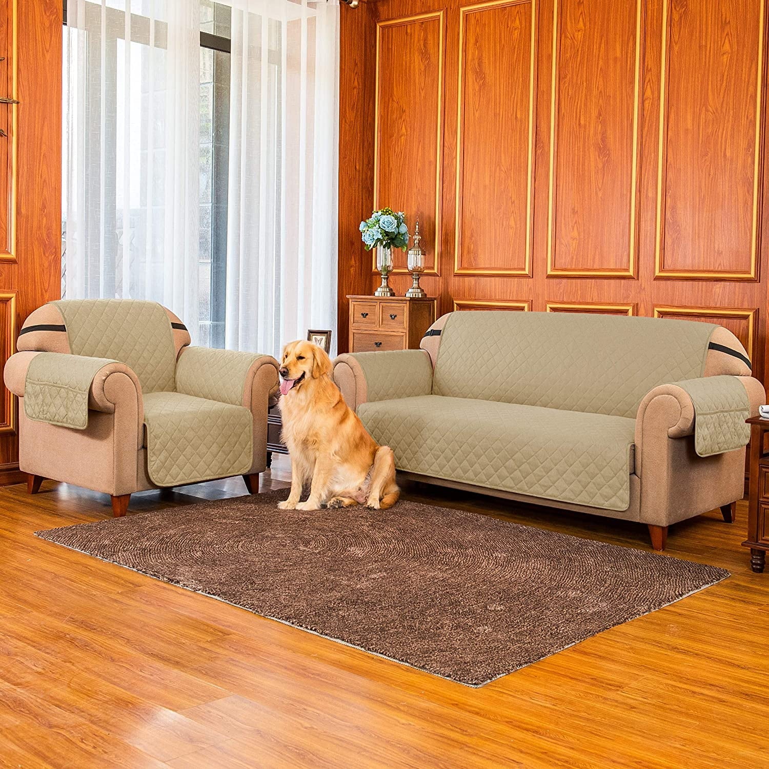 1-Piece Reversible Sofa Cover Quilted Slipcover (Sofa, Sand)