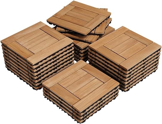 27PCS Natural Wood Deck Tiles Interlocking Patio Deck Tiles Solid Wood and Plastic Indoor&Outdoor