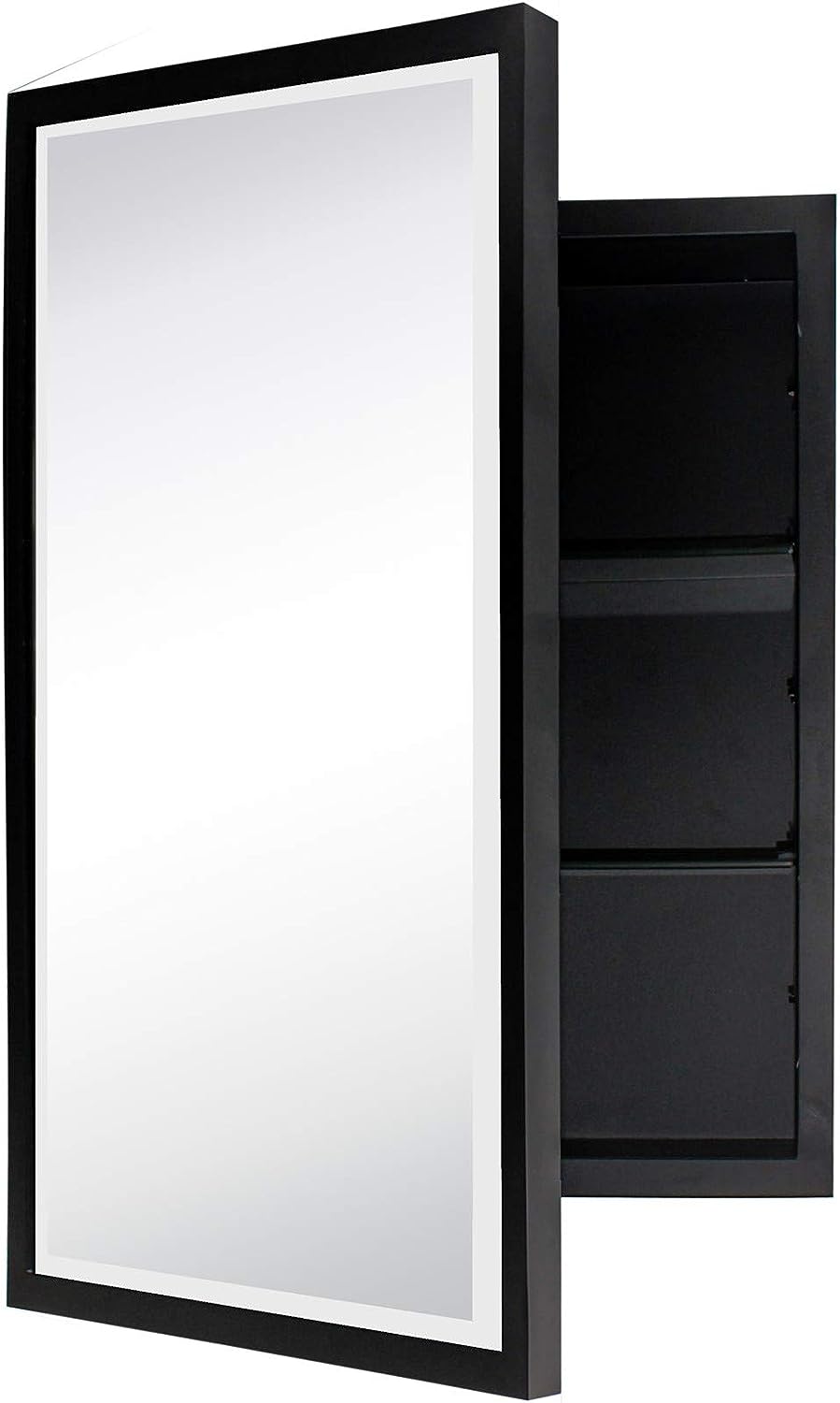Black Metal Framed Recessed Bathroom Medicine Cabinet with Mirror Rectangle Beveled Vanity Mirrors for Wall