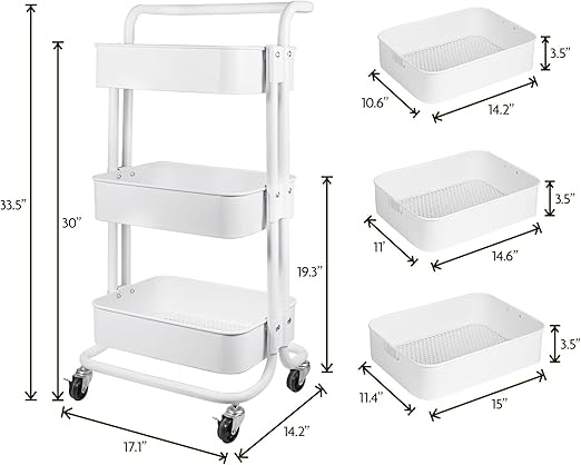3-Tier Metal Rolling Utility Cart with 2 Lockable Wheels Storage Organizer Shelf