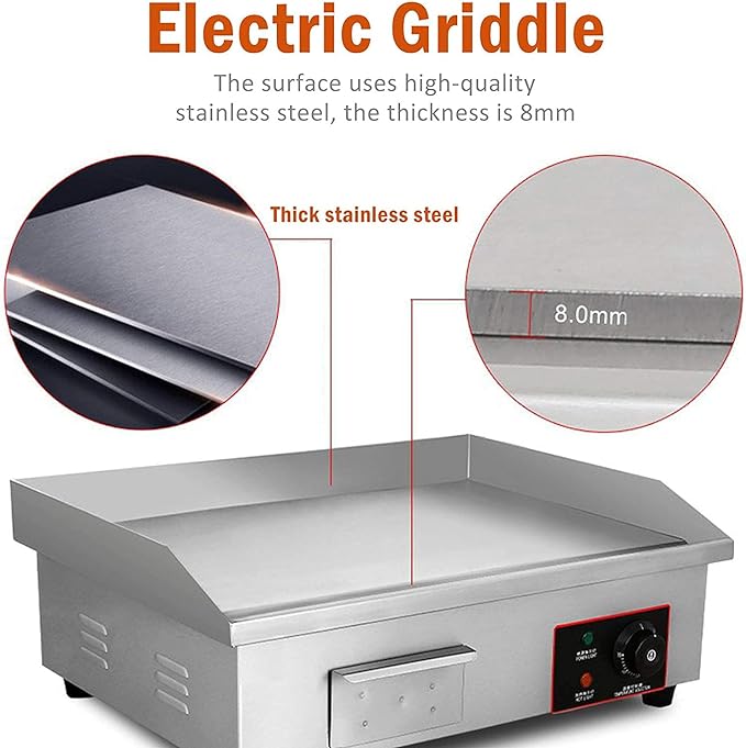 110V Commercial Electric Countertop Griddle Stainless Steel BBQ Flat Top Grill Hot Plate, Adjustable Thermostatic Control 122°F-572°F, Stainless Steel Restaurant Grill for Kitchen