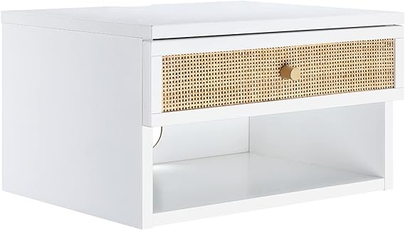 Jackson Modern Floating Bedside Nightstand with Drawer, 1, White/Rattan