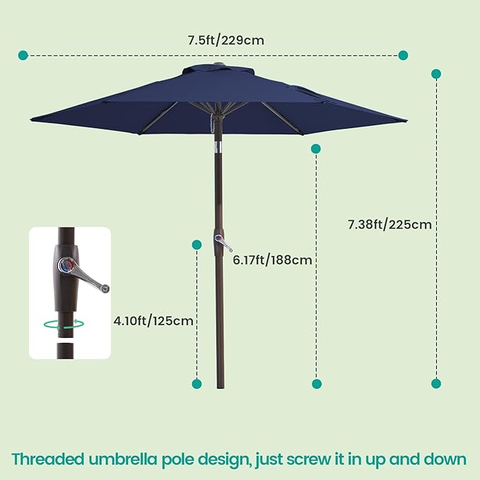 Patio Umbrellas Table Market Umbrella with 6 Ribs,Tilt Button and Crank System Outdoor Umbrella, Navy