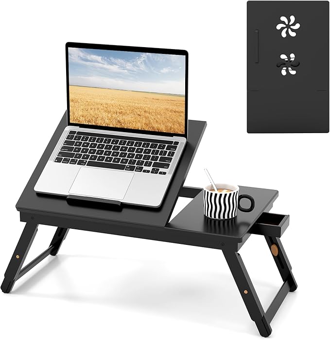 100% Bamboo Laptop Desk with Tilting Top & Drawer, Height Adjustable Portable Breakfast Serving Bed Tray with Heat-Dissipation Holes, Folding Bed Table for Surfing Reading Writing Eating