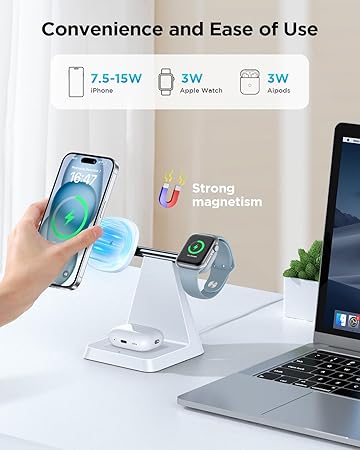 Magnetic Wireless Charger for iPhone - 3-in-1 Fast Charging Station (White)