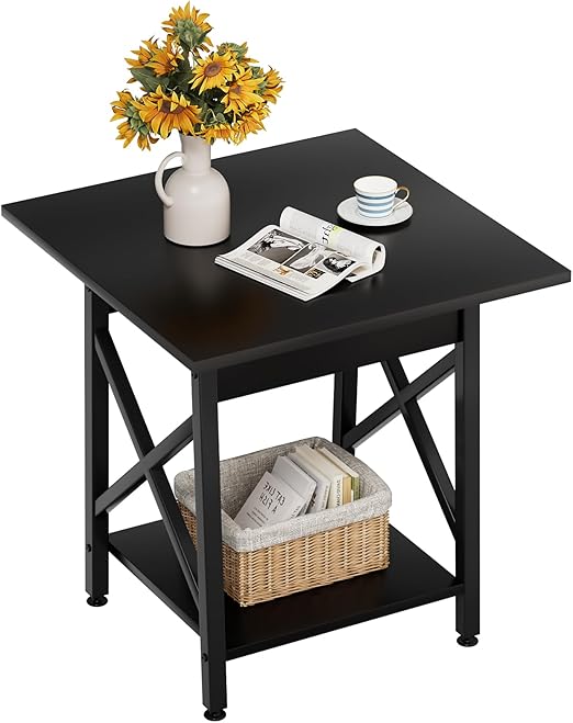 End Table, Large Square Side Tables with X-Frame, 2-Tier Storage, Black