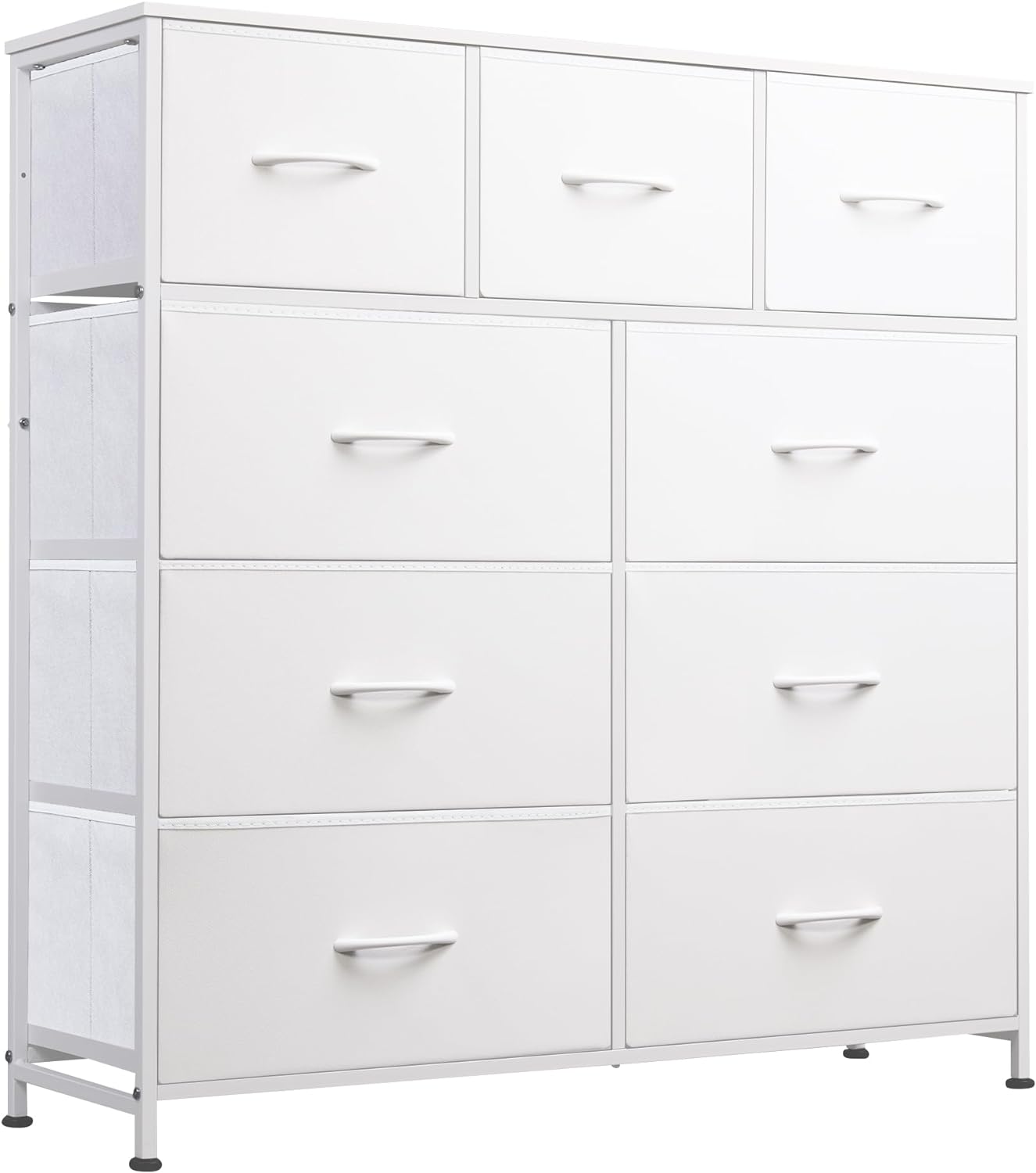 9-Drawer Dresser, Fabric Storage Closet, Tall Chest Organizer Unit for Bedroom with Fabric Bins, Steel Frame, Wood Top, Easy Pull Handle, White