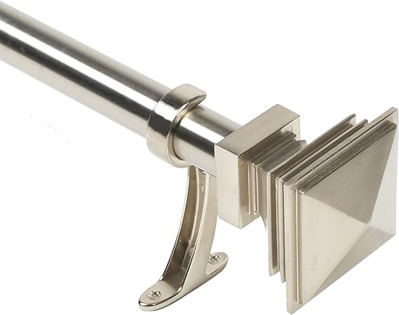 1 Inch Adjustable Satin Silver Curtain Rod for Windows & Doors Curtains with Square Finials & Brackets Set