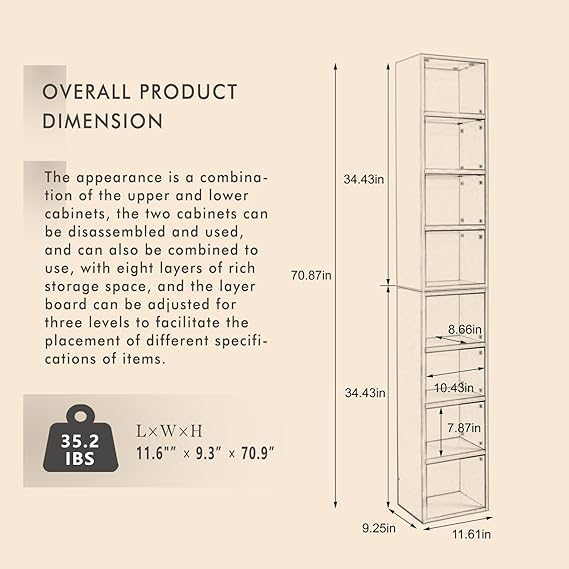 8-Tier Media Tower Rack CD DVD Slim Storage Cabinet with Adjustable Shelves, Tall Narrow Bookcase Display Bookshelf for Home Office (Walnut)