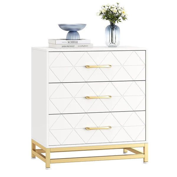 3 Drawer Dresser Wooden Bedside Storage with Gold Handles White