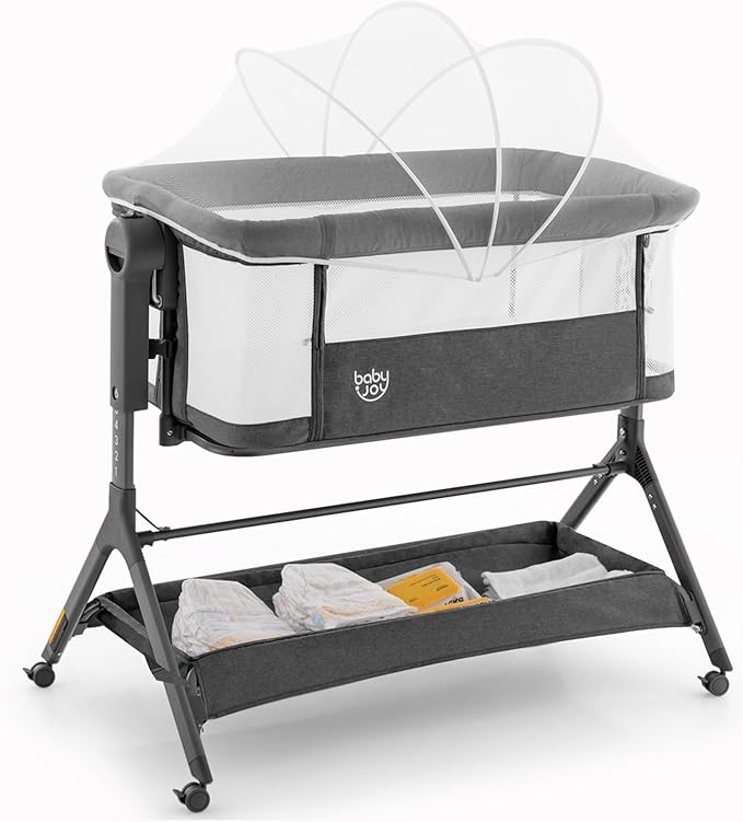 Bassinet, 3 in 1 Rocking Bedside Bassinet w/Storage Basket, Universal Wheels, Adjustable Height, Mattress, Net & Portable Bag, Carriable Crib Baby Bassinets Bedside Sleeper (Gray)