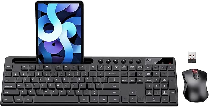 Wireless Keyboard and Mouse Combo,Ergonomic Wireless Computer Keyboard with Phone Tablet Holder, Silent Mouse with 6 Button, Compatible with MacBook, Windows (Black)