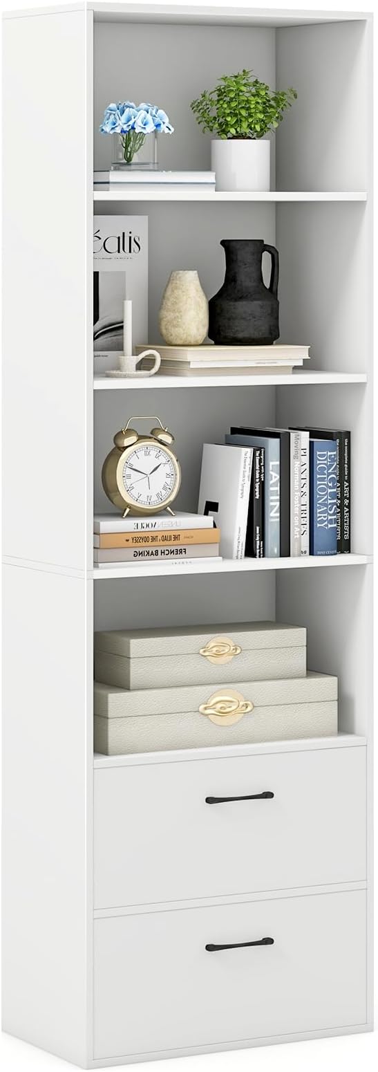4 Shelf Bookcase with Drawers, Tall Bookshelves and Bookcases, Vertical Bookshelf Tower, Wood Storage Shelves, Modern Book Shelf for Bedroom, Living Room, Home Office