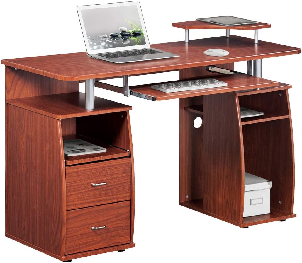 Complete Computer Workstation Desk With Storage, Mahogany - 2 BOXES