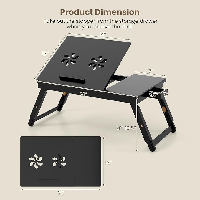 100% Bamboo Laptop Desk with Tilting Top & Drawer, Height Adjustable Portable Breakfast Serving Bed Tray with Heat-Dissipation Holes, Folding Bed Table for Surfing Reading Writing Eating