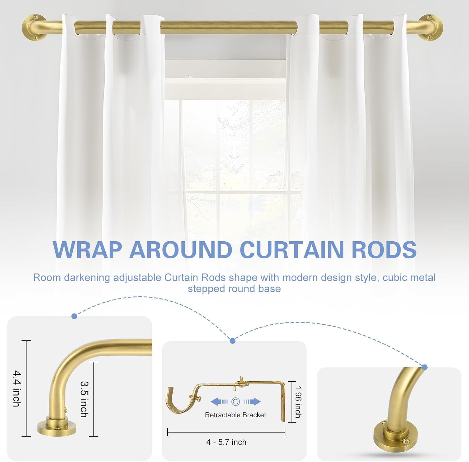 Gold Wrap Around Curtain Rods 2Pack, Brushed Gold