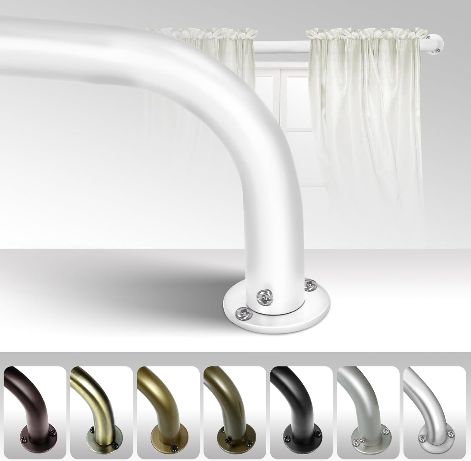 Energy Saving Wrap Around Black Out Return Adjustable Window Curtain Metal Rod Set, Glossy White