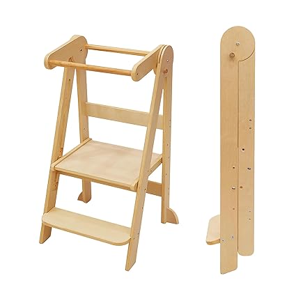 Foldable Toddler Tower Preassembled Kitchen Stool, Natural