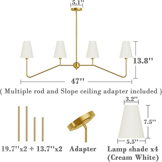 4-Light Linear Lighting Fixture Classic Chandeliers Polished Gold with White Linen Shades