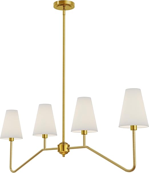 4-Light Linear Lighting Fixture Classic Chandeliers Polished Gold with White Linen Shades