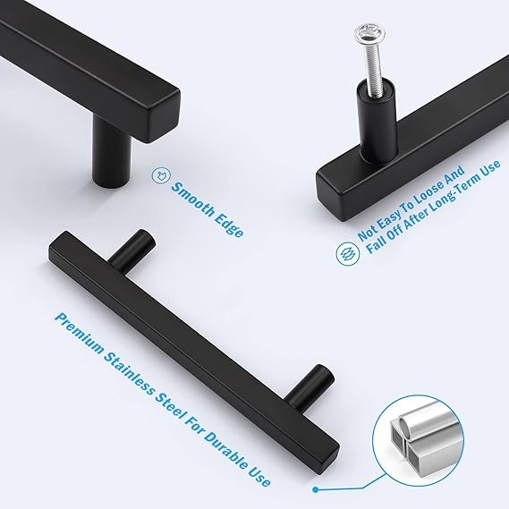 30 Pack Kitchen Cabinet Handles Matte Black, Stainless Steel Modern Pulls T Bar Door Pulls Dresser