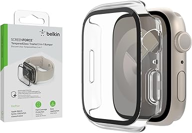 ScreenForce Apple Watch Case - Tempered Glass Screen Protector & Bumper Case for 44mm & 45mm Apple Watch Series 7, 6, 5, 4 & SE - Clear